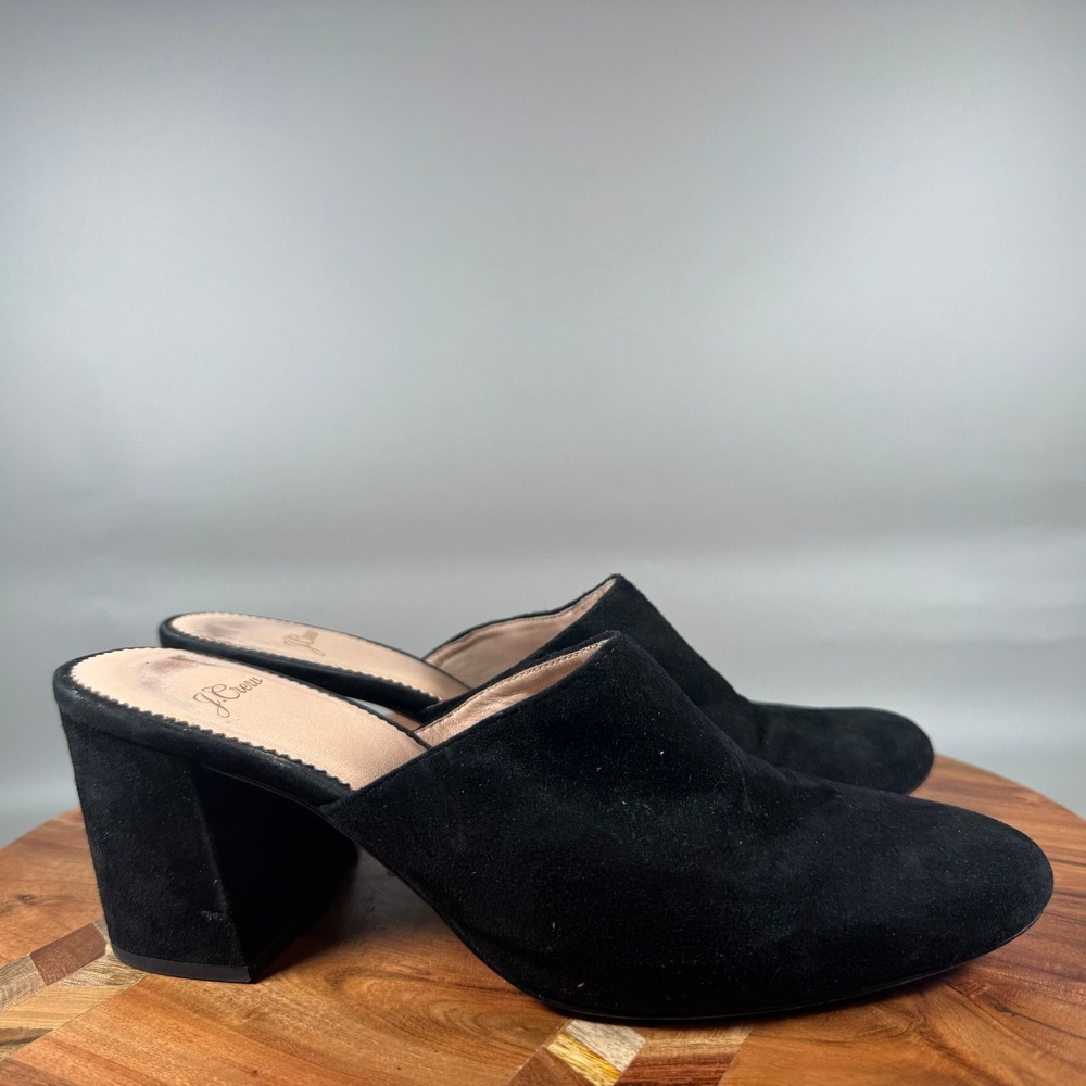J.Crew Womens Black Suede Block Heel Mules Round Toe Slip On Shoes Size 8 J8524